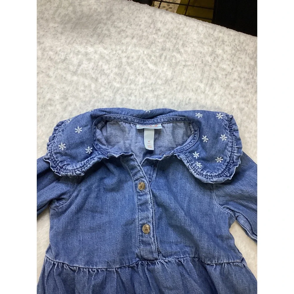 Cat & Jack Girls 4T Blue‎ Denim Chambray Dress Floral Embroider Peter Pan Collar